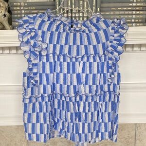 Blue and White Striped Ruffle Top